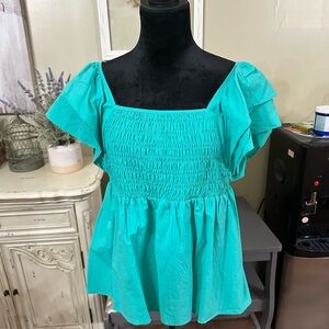 Umgee Turquoise Smocked Blouse with Ruffled Sleeves